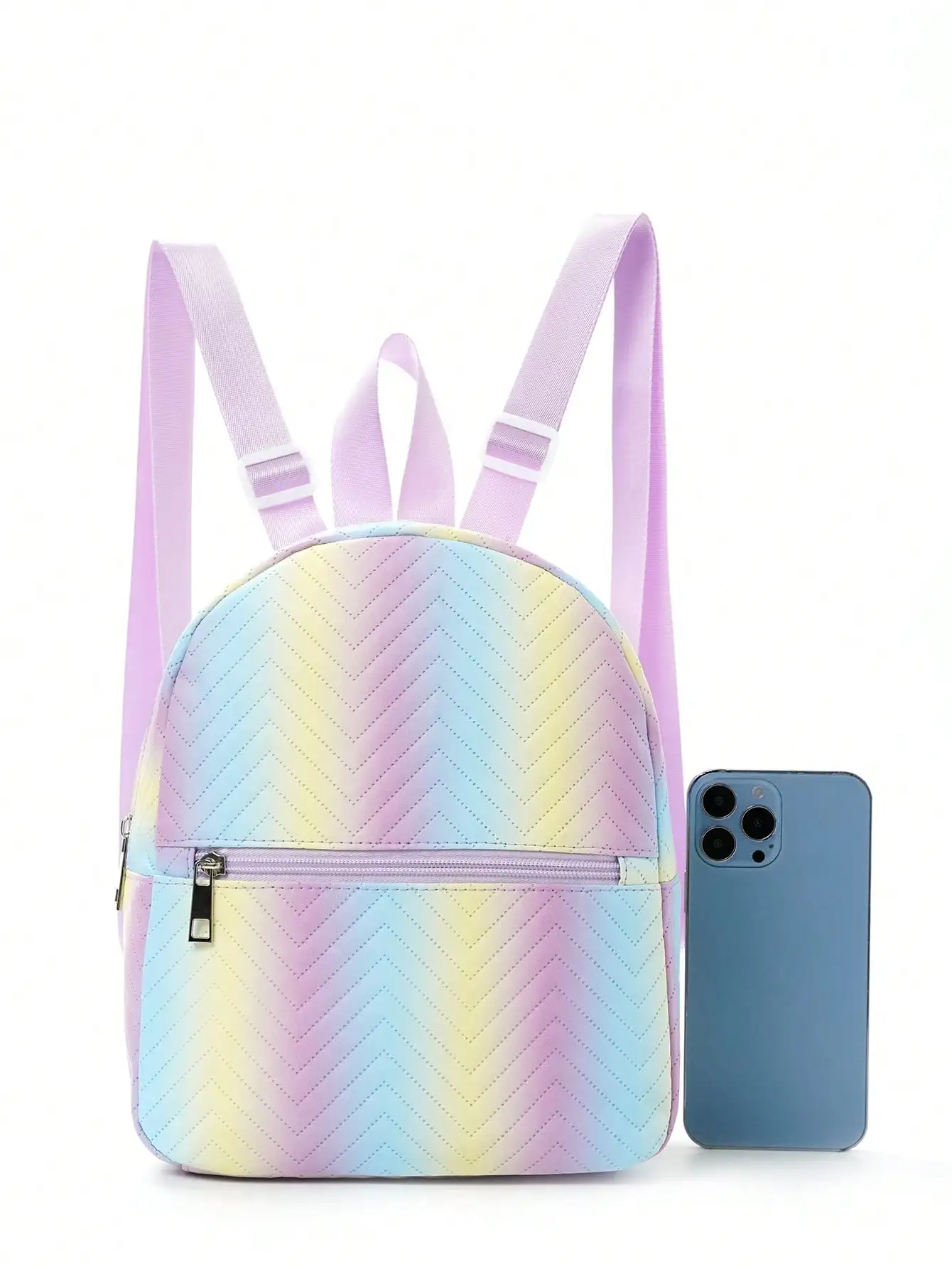 Girls Ombre Classic Backpack Chevron Detail Adjustable Strap with Zipper PU Medium