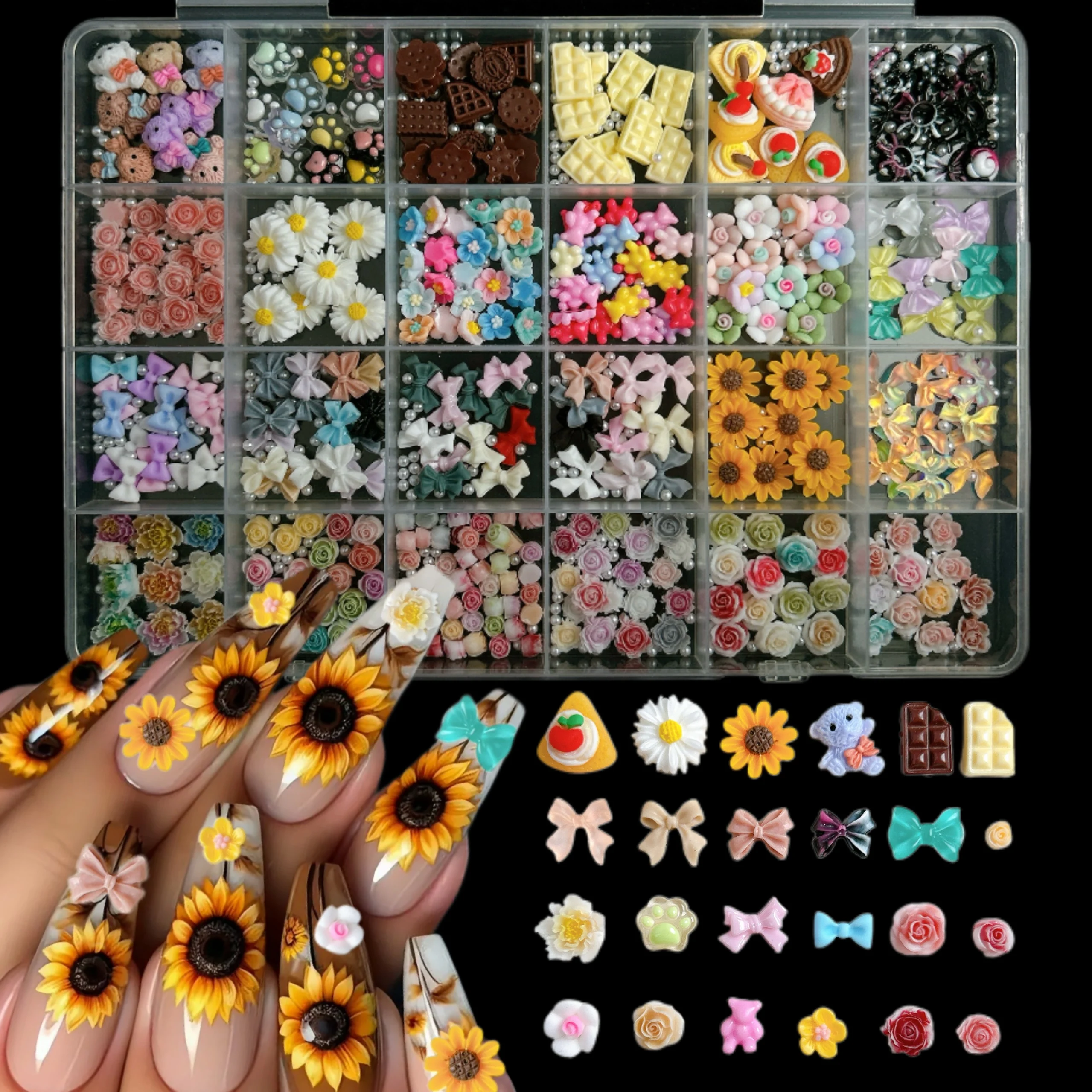 1Box Minimalist Ribbon Bow Tie Resin Nail Art Decorations 3D Colorful Flowers Simulated Sunflower Cake Nail Charms DIY Nail Sets