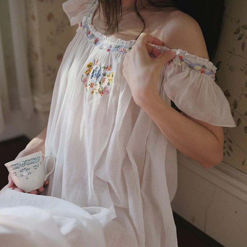 Original Design Transparent Beautiful French Hand Embroidered Sweet Nightgown 100% Cotton Outside Summer Sleepwear view 3