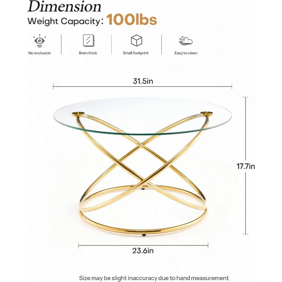 31.5 Round Glass Coffee Table for Living Room, Tempered Glass Top with Gold-Plating Metal Base, Elegant Gold Finish, Sturdy and