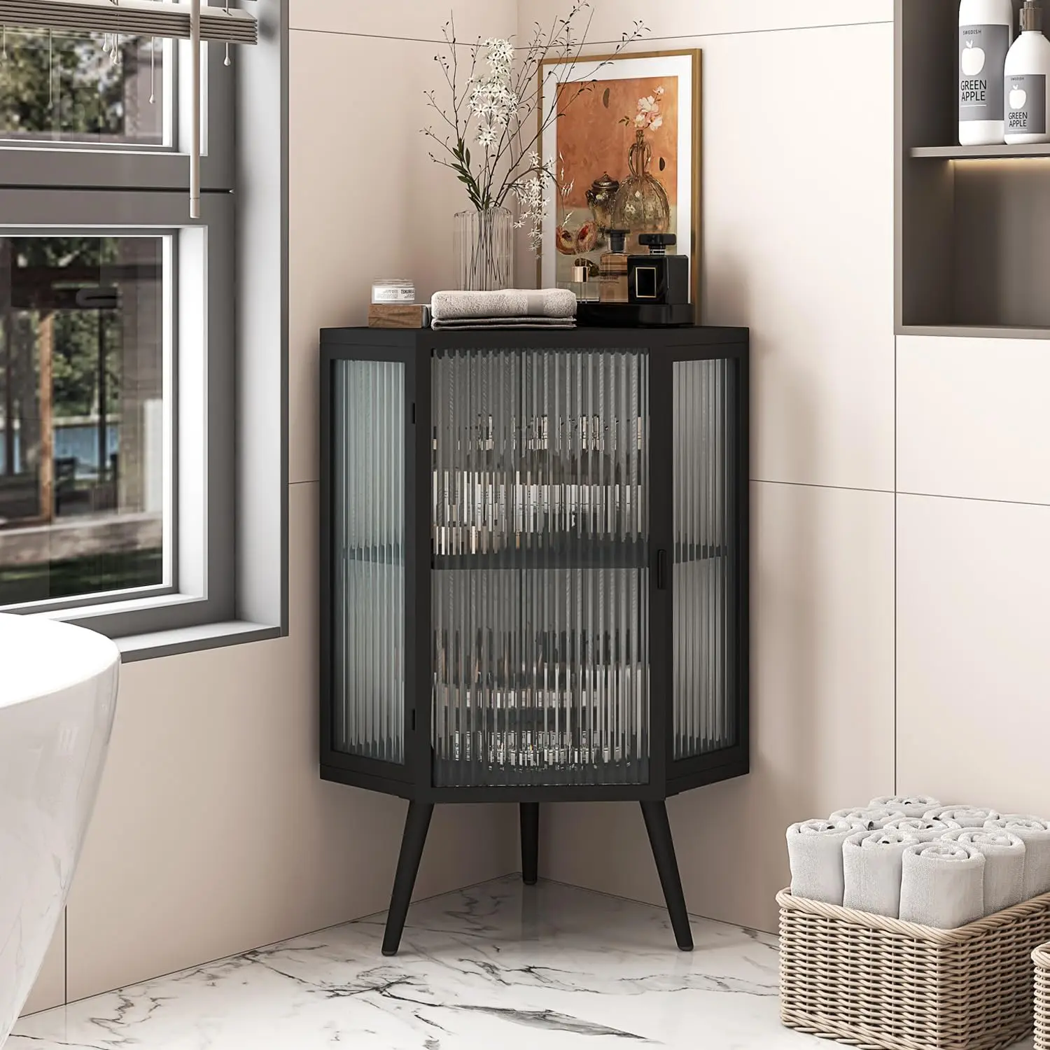 Modern Corner Storage Cabinet with Tempered Glass Doors, Accent Corner Hutch Cabinet Freestanding