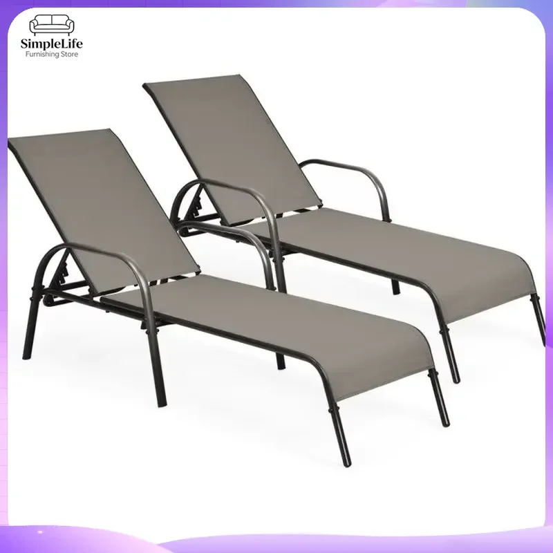 2 Pack Outdoor Patio Sun Loungers with Adjustable Reclining Backrest Armrests Foldable Lightweight Garden Lawn Beach Lounge
