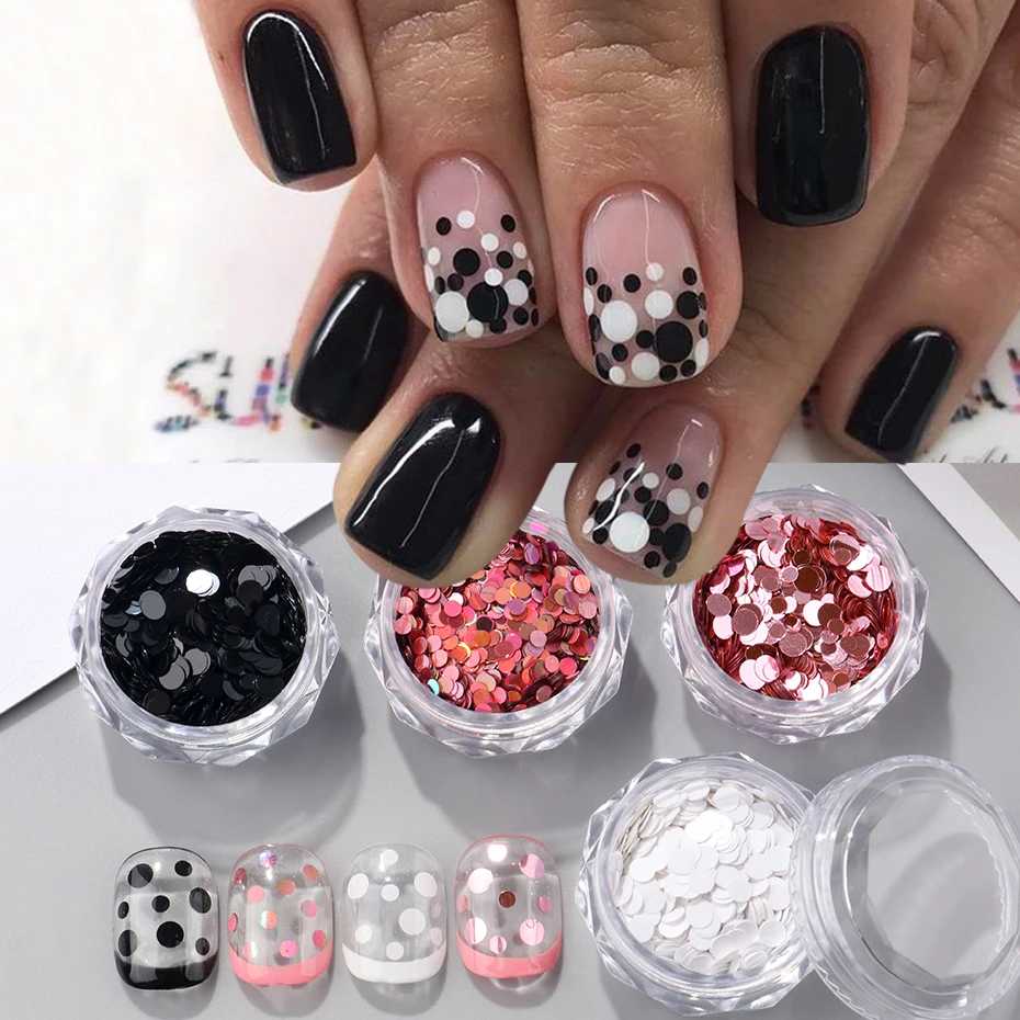 4 cores preto branco bolinhas arte do prego lantejoulas doce rosa circular encantos para unhas brilhantes lantejoulas diy manicure decoração