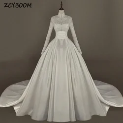 Personalizado muçulmano elegante de alta pescoço apliques mangas compridas vestido de casamento branco 2024 vestido de baile até o chão varredura vestido de noiva