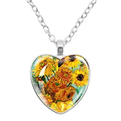 Fashion And Personality Van Gogh Art Starry Night Sunflower Necklace Glass Circle Painting Heart Shaped Pendant Photo