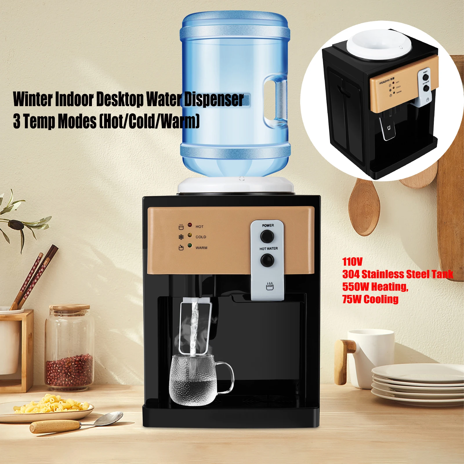 

Winter Indoor Desktop Water Dispenser 3 Temp Modes (Hot/Cold/Warm) - 110V, 304 Stainless Steel Tank, 550W Heating, 75W Cooling