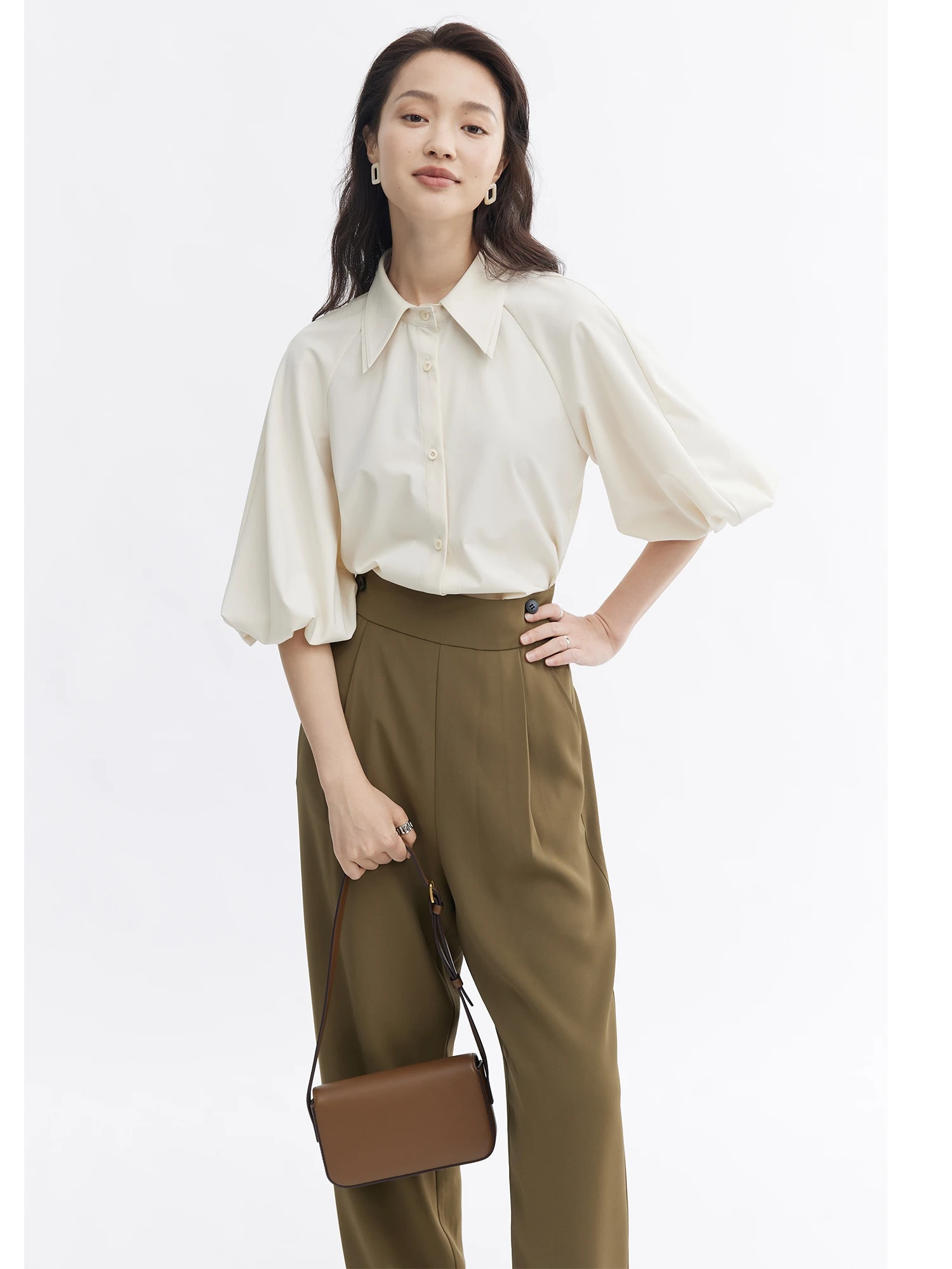 

Retro Sle Lantern Sve irt Double Collar Single Item Summer Faion Women's Loose Fit Polyester Blend irt