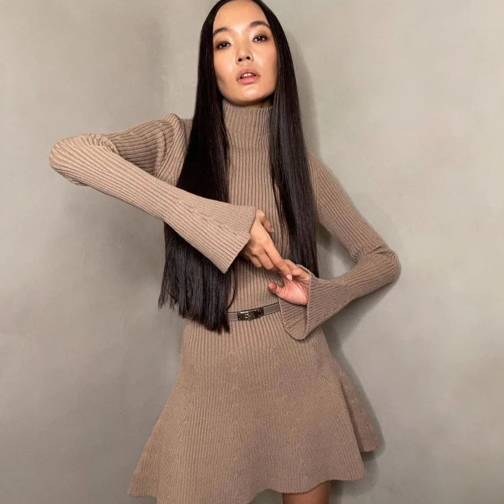 Knitted Turtleneck Dress Women Autumn Winter Flare Sleeve Mini Dresses Female Elegant Fashion High Street Personality Robe Femme