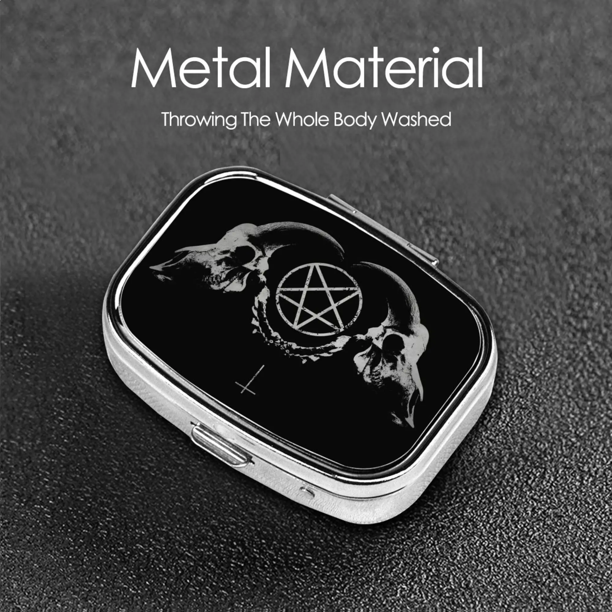 Pentagram Satantic Occult Church of Satan Goat Goth Pill Box 2 Compartment Medicine Pill Case Portable Metal Vitamin Organizer