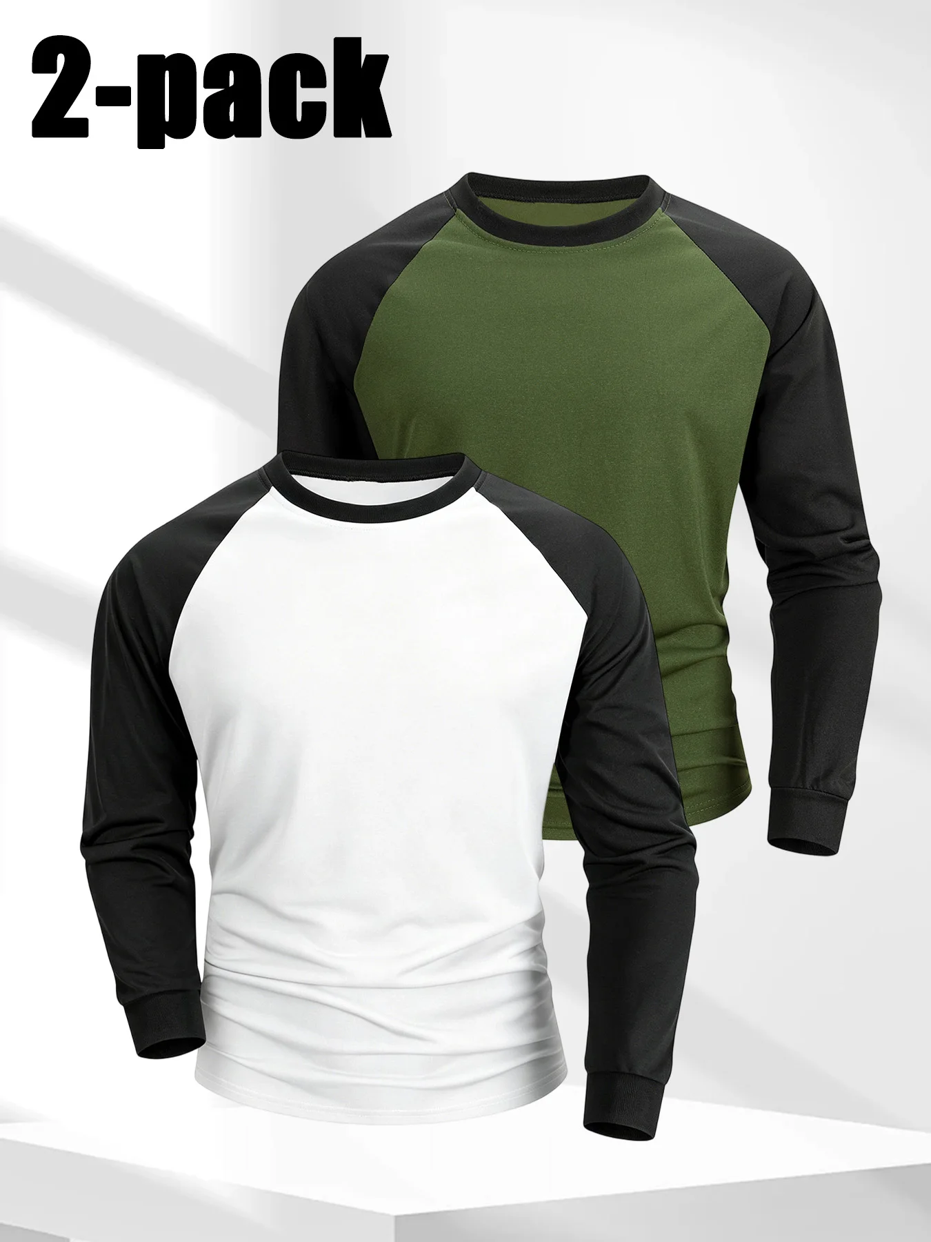 Mens 2-Pack Color Block Raglan Long Sleeve Shirts Soft Wrinkle Free Knit Baseball T-Shirt Crewneck Daily Wear Outdoor Tops