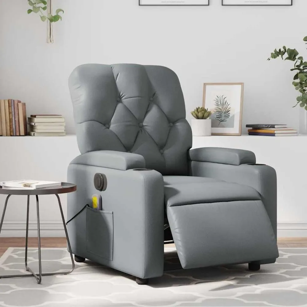 

Electric Massage Recliner Chair for Living Room, Gray Faux Leather Single Seat Lounge, Ergonomic Reclining Sofa with Massage