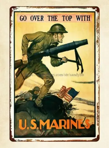 Go over the top with  WW1 metal tin sign accent wall bedroom
