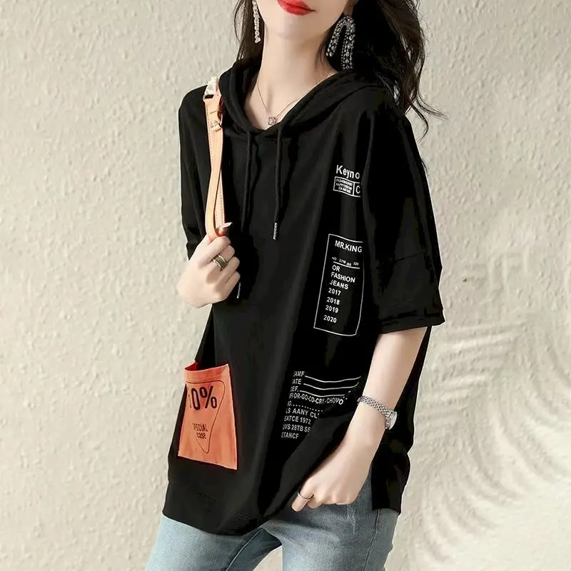 100% Cotton T Shirt Women Fashion Letter Print Pocket Patch T-shirt Korean Loose Hooded Short Sleeve Top Summer Oversized Tshirt