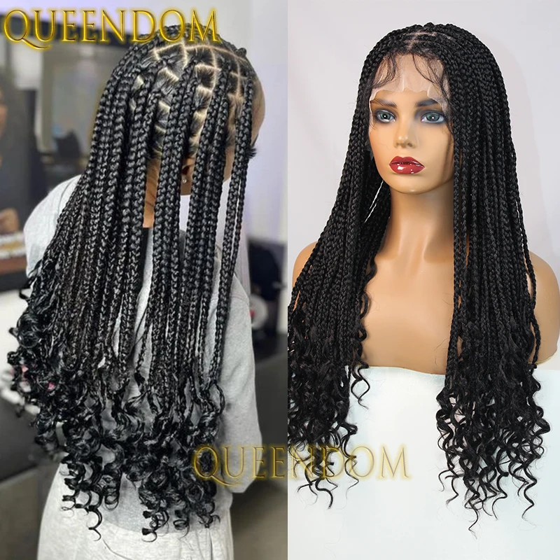 Wig kepang keriting Perancis sintetis 24 inci Wig dewi kepang kotak renda penuh dengan gelombang keriting ujung tanpa simpul Wig kepang kepang Cornrow