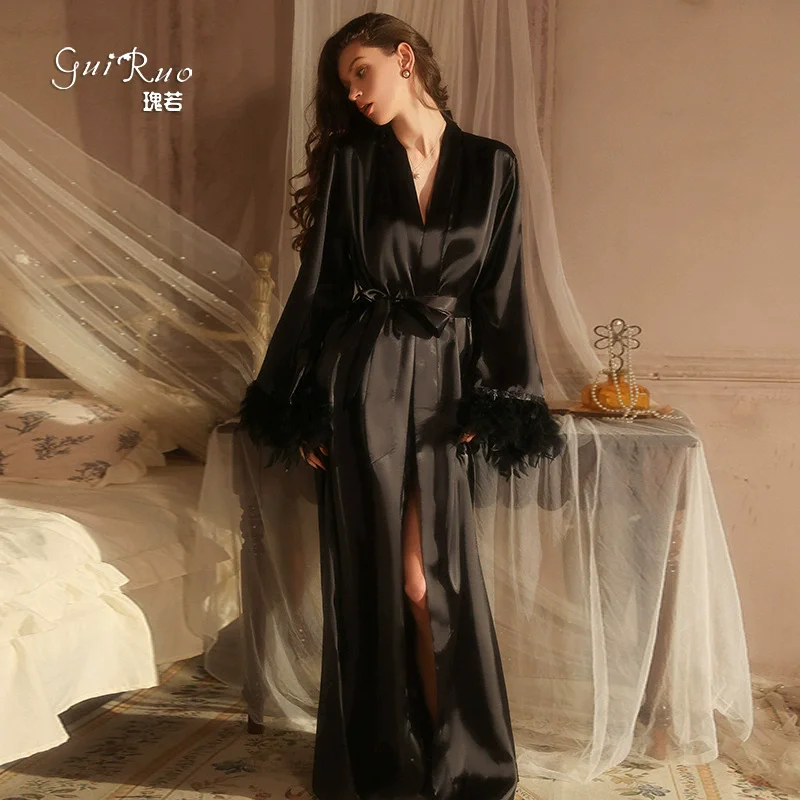 Long Feather Sleeve Bathrobe Sexy Ice Silk Kimono Wedding Bride Dress Women Loose Sleepwear Loungewear Casual Nightgown