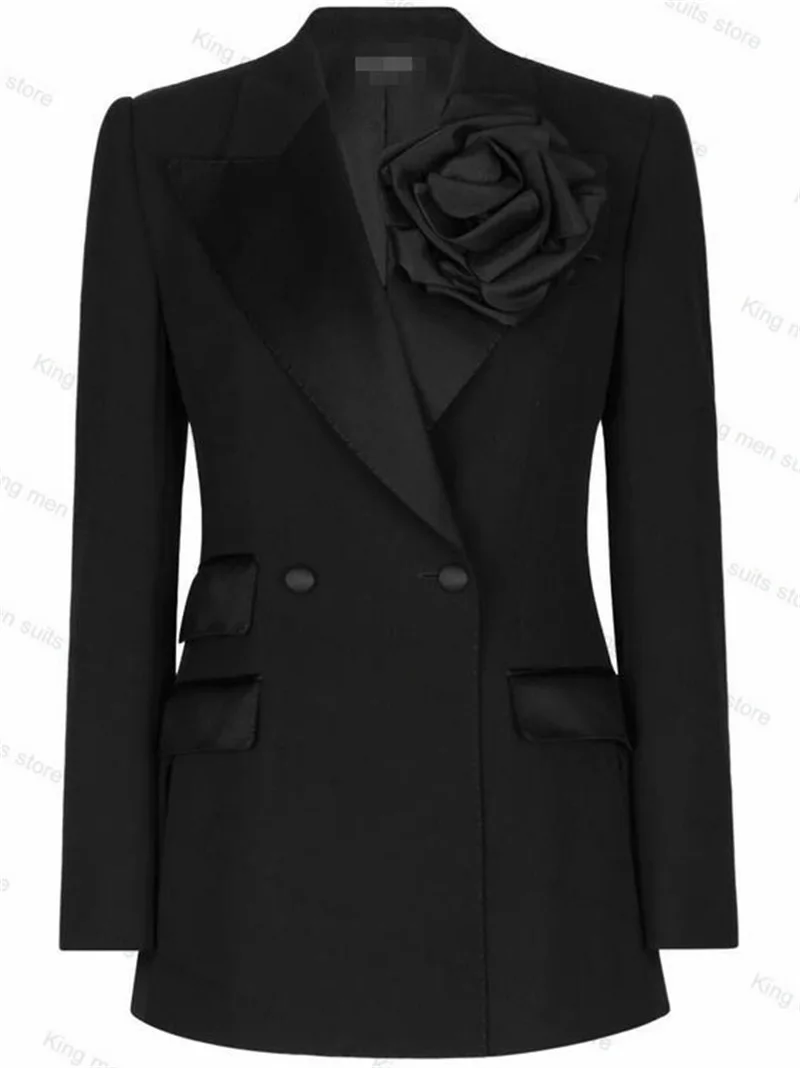 Black Women Suit Pants Set 2-Pieces Blazer+Trousers 3D Flower Double Breasted Coat Formal Office Lady Jacket Tailored Made