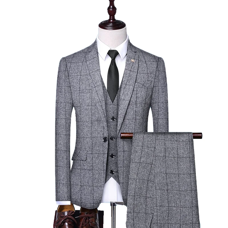 ( Jacket + Vest + Pants ) New High-end Men\'s Wedding Dress Classic British Plaid Business Casual Suit Formal Three-piece Suit