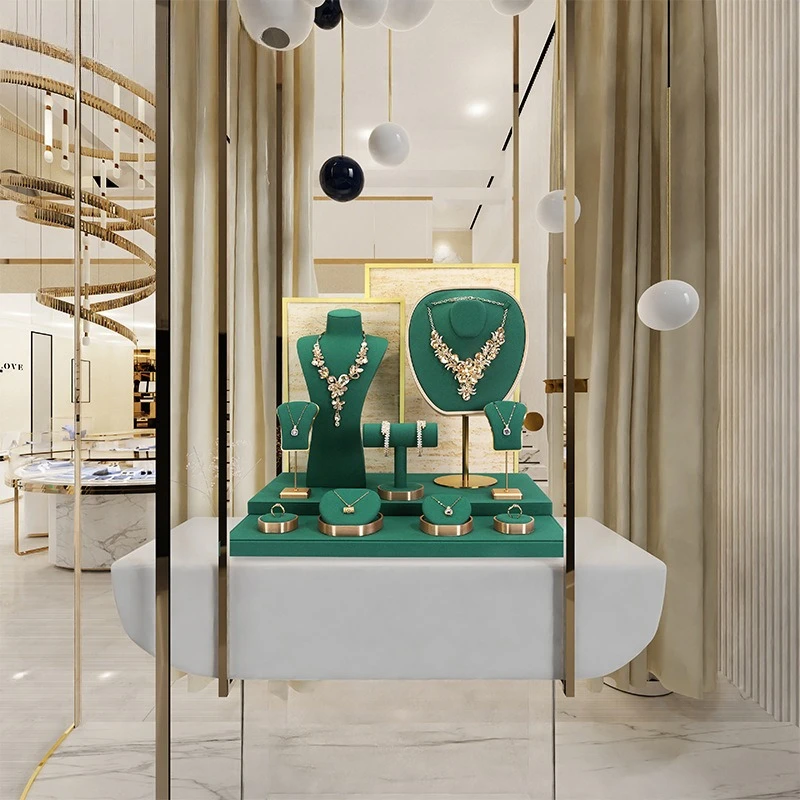 

High-end jewelry display props green super-fine fiber window necklace neck jewelry stand window display stand set