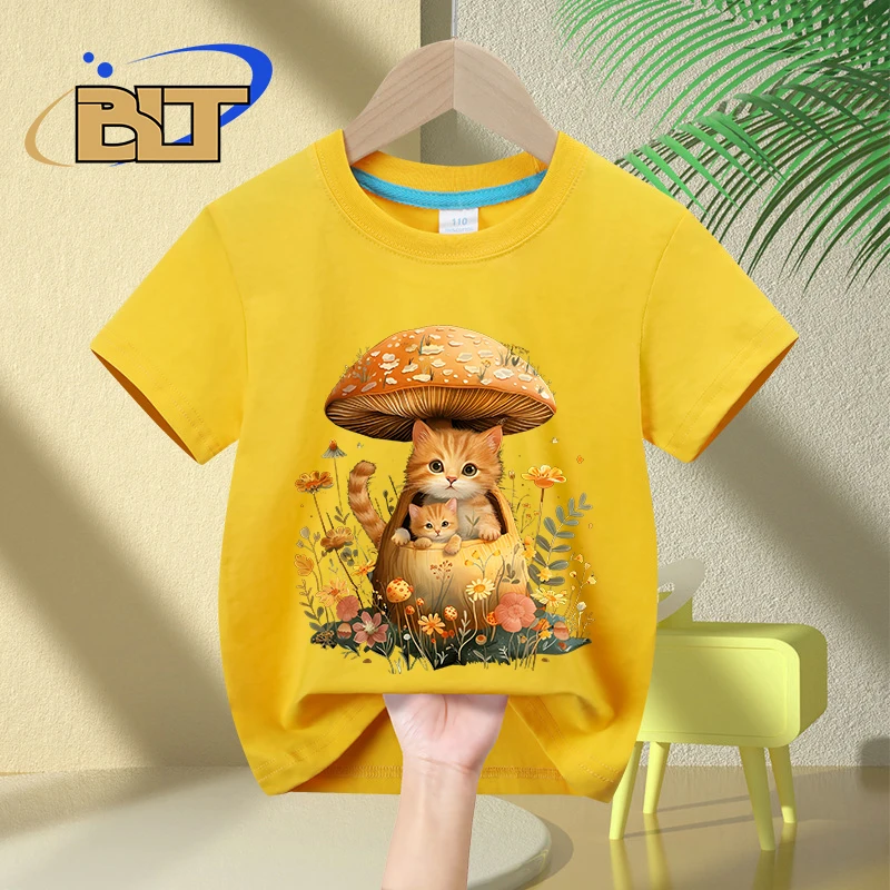 

Cat mushroom retro print kids T-shirt summer children's pure cotton short-sleeved casual tops boys and girls gifts