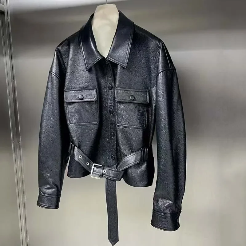 Manteau pour femmes, nouvelle mode printemps automne 2025, longueur courte, vêtements en peau de mousse noire importée avec ceinture, col rabattu