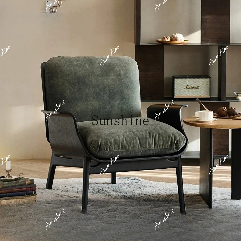 Nordic sofa curved wood living room leisure solid wood bedroom single lazy fabric sofa chair creativity