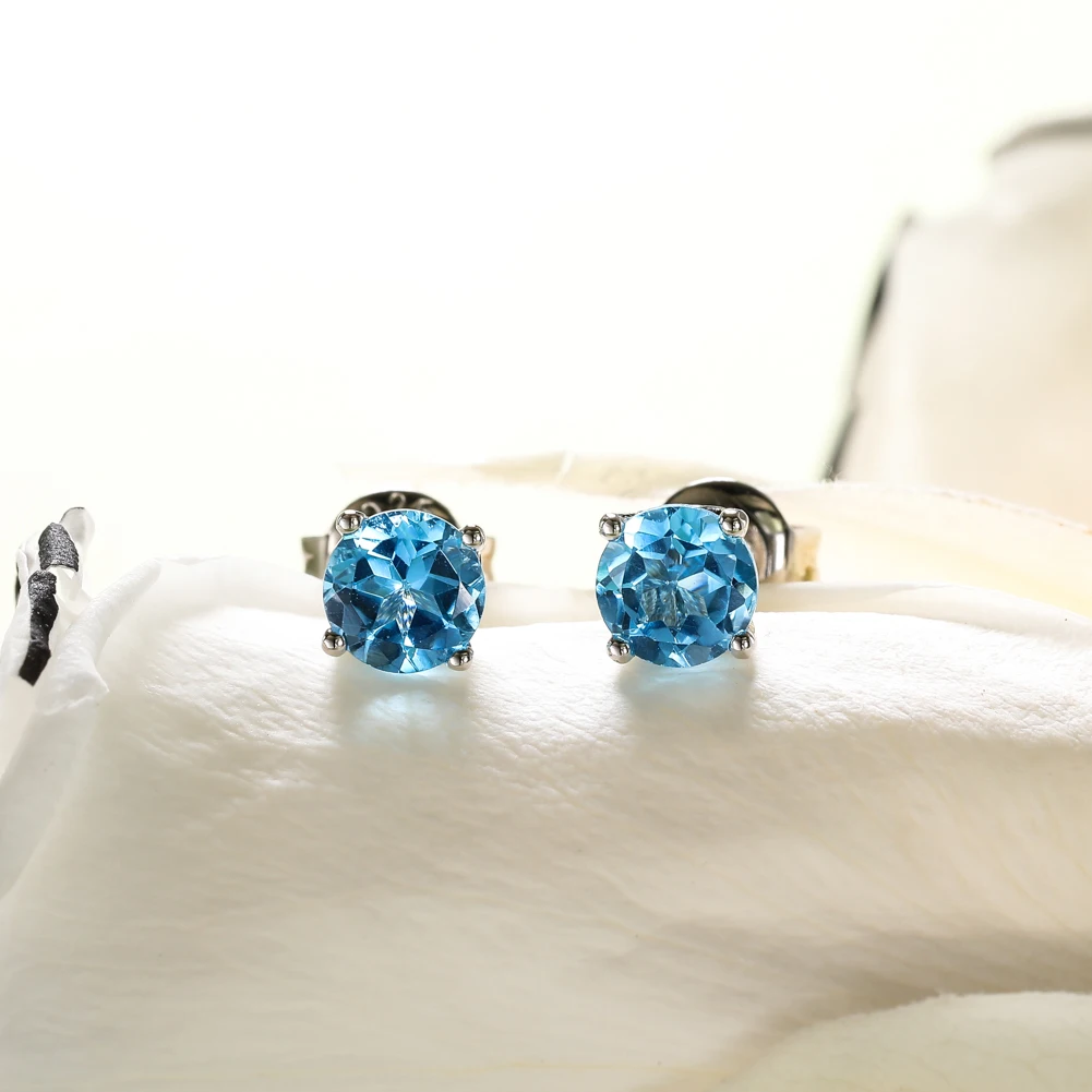 GZ ZONGFA 100% Natural 5mm Gemstones 925 Sterling Silver Stud Earrings for Women Girls Luxury Blue Topaz High Quality Jewelry