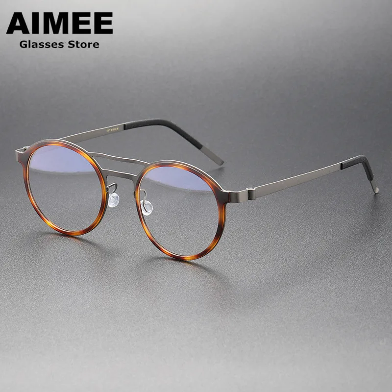 

Denmark Brand Retro Round Screwless Spectacles Titanium Glasses Frame Men Women Double-beam Optical Prescription Eyeglasses 9739