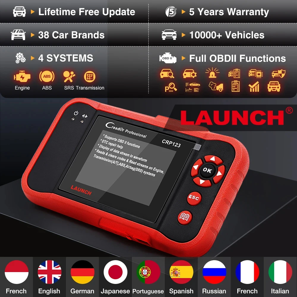 LAUNCH X431 CRP123 V2.0 X431 CRP123 V2.0 Diagnostic Tools ABS SRS Airbag Engine AT OBD2 Scanner Full OBDII DIY Code Reader