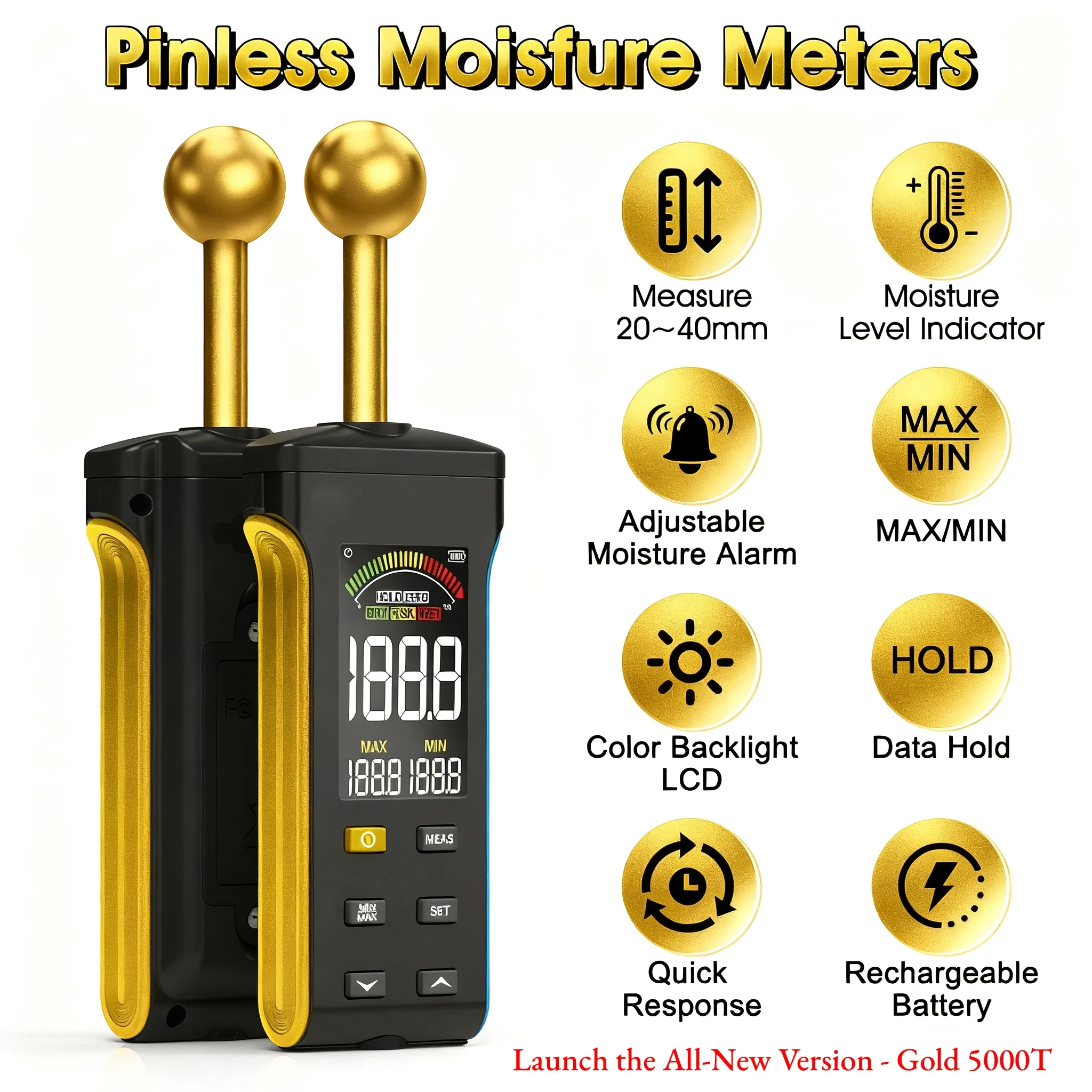 Humidimètre numérique sans broche avec sonde à bille et plage LCD couleur 0 ~ 70% RH, fonction d'alarme pour bois/mur/béton/maçonnerie/gystème