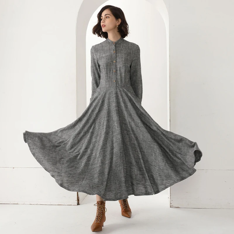 

Linen shirt dress, Gray Linen maxi dress, Long sleeveLinen dress,Swing dress with pockets, Work dress,Sprig autumn outwear