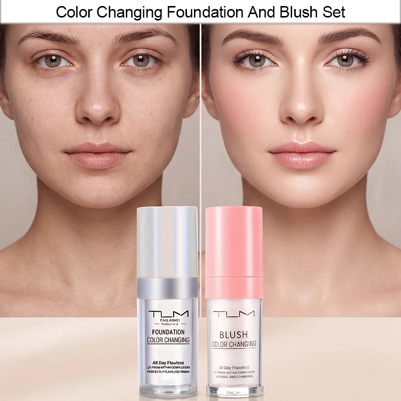 2PCS Color Adjusting Foundation, Blush Liquid Set, CC Cream, Blush Foundation, 2 In 1 Color Changing Foundation, Long Lasting Not Easy To Fade Makeup, Professional Facial Primer Cosmetics