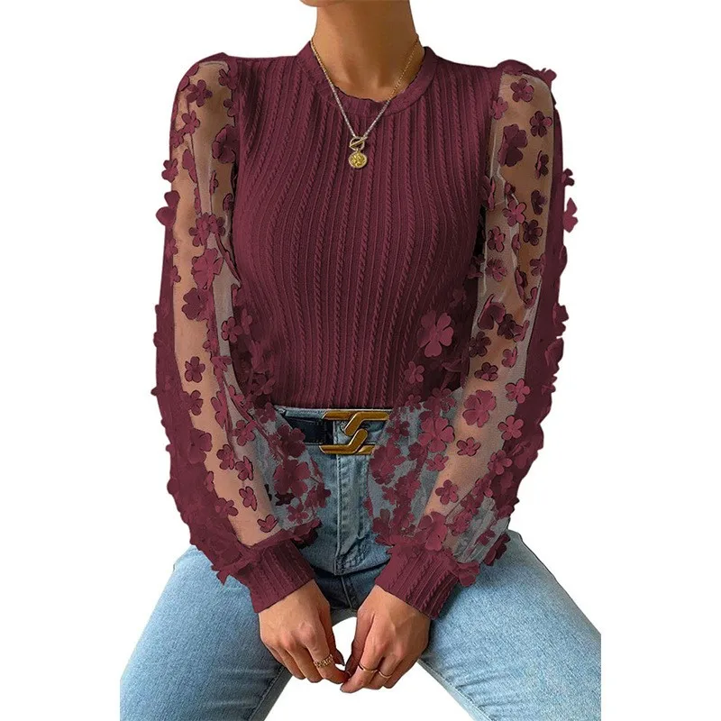 بلوفر تنحيف برقبة دائرية وأكمام طويلة بلوزات نسائية أنيقة Vetement بلوزة نسائية Blusen Damen Tops Mujer