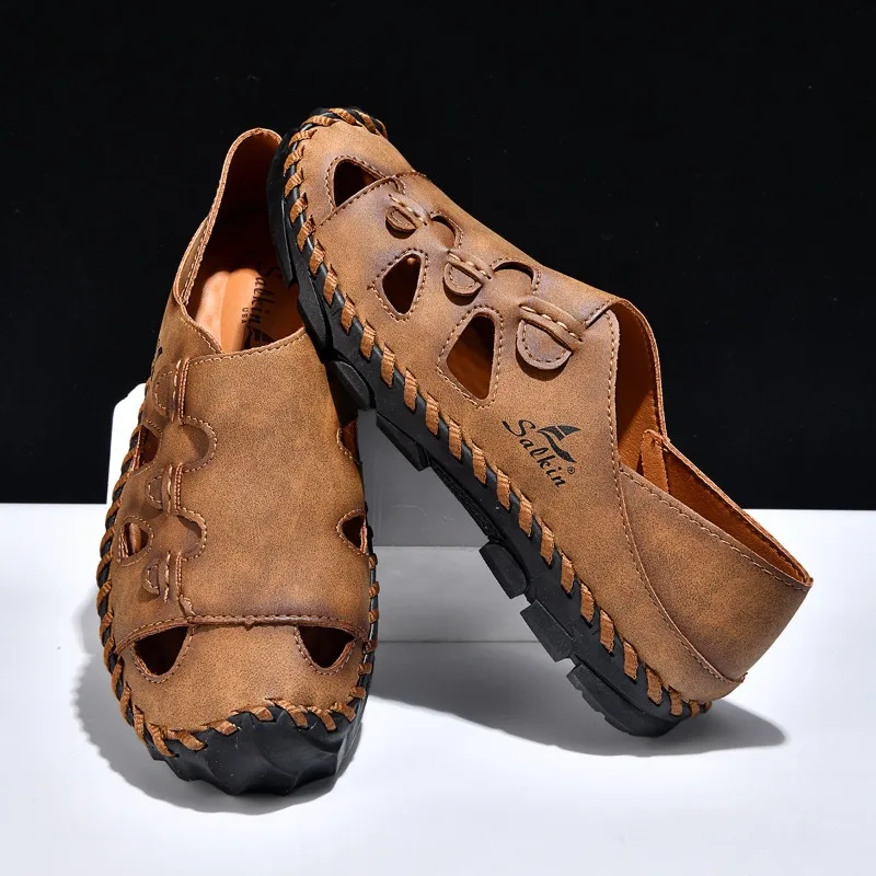 Men's 2026 Summer Hollow Out Leather Sandals Fashion Comfortable Casual Outdoor Sports Large Size Slippers Breathable Footwear