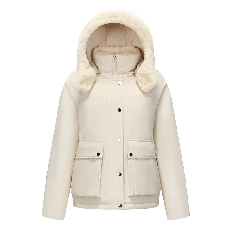 Women Winter Hooded Faux Fur Trim Parka Jackets Loose Warm Thickened Zipper Solid Windproof Pockets Short Female Outerwear