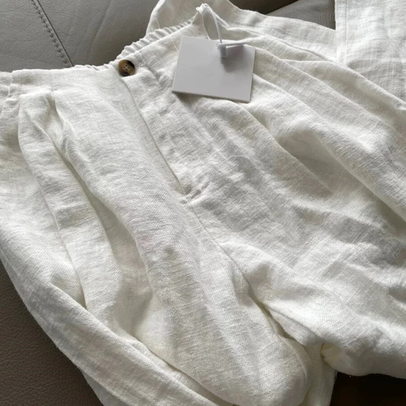 

Fashion Cotton Linen Pants Women Summer Elastic High Waist Wide Leg White Trousers Female 2026 New Casual Ankle-length Pants