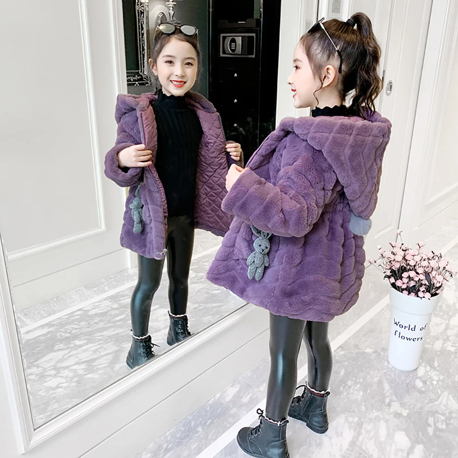 Big Girls Fur Coat Hoodies Solid Color Girls Coats Winter Kids Coat Casual Style Children\'s Clothing Girl