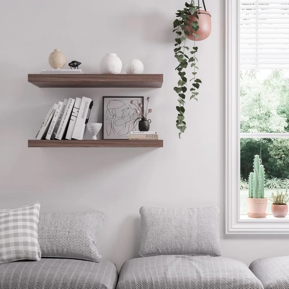Set of 3, 30x12.75x2 in Wood Floating Wall Shelves Invisible Brackets