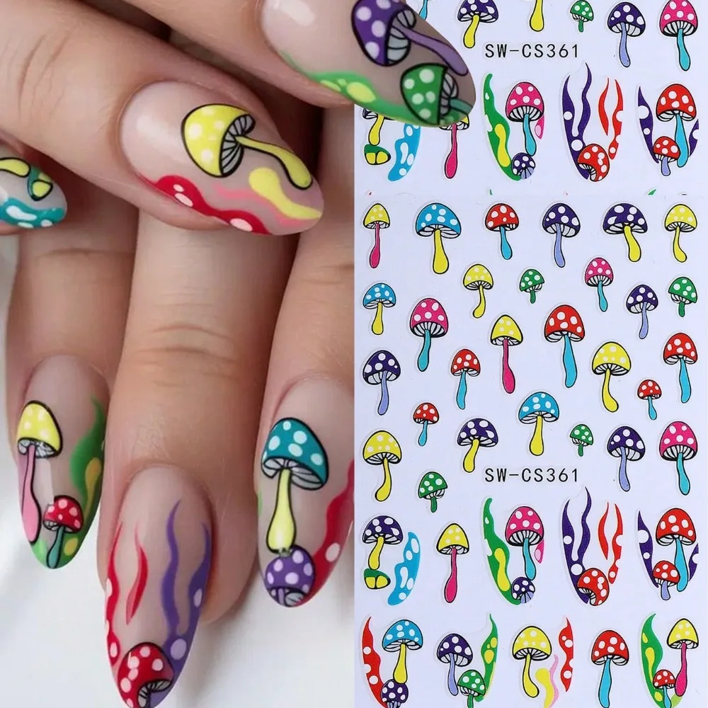 2Pcs 3D Color Mushroom Nail Stickers, Dopamine Plant Polka Dot Decals, Multicolor Nail Decorations, Spring Summer Music Festival
