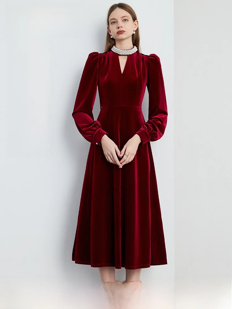 

Красное бархатное платье для женщин, зимнее свадебное платье, элегантное, с длинными рукавами, длиной в пол, с вырезами и застежкой-молнией.