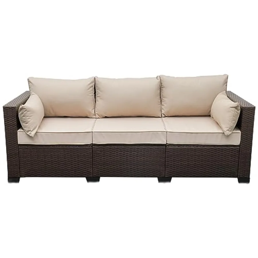 Patio Couch PE Wicker 3-Seat Outdoor Brown Rattan Sofa Deep Seating Furniture with Non-Slip Beige Cushion