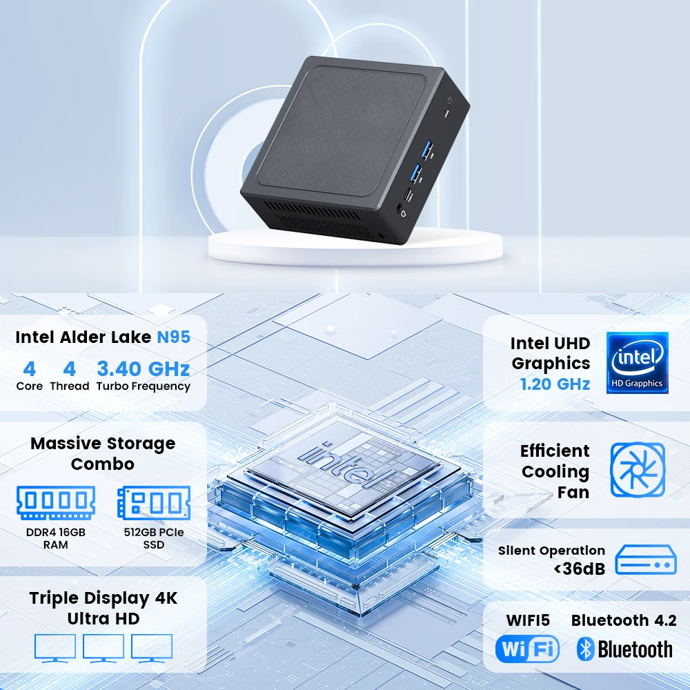 TexHoo Mini PC Pro Gamer Настольный ПК Intel Alder Lake-N95 DDR4 8 ГБ 256 ГБ 16 ГБ 500 ГБ SSD 2,4G и 5G Dual Wi-Fi BT5.2 1000M LAN NVME