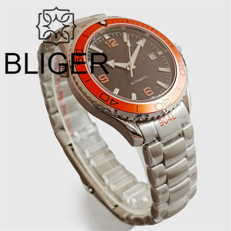 BLIGER 41mm Automatic Watch For Men Orange Bezel Sapphire Glass With Green Luminous Dial NH35 Mingzhu2813 Miyota8215 PT5000 Date