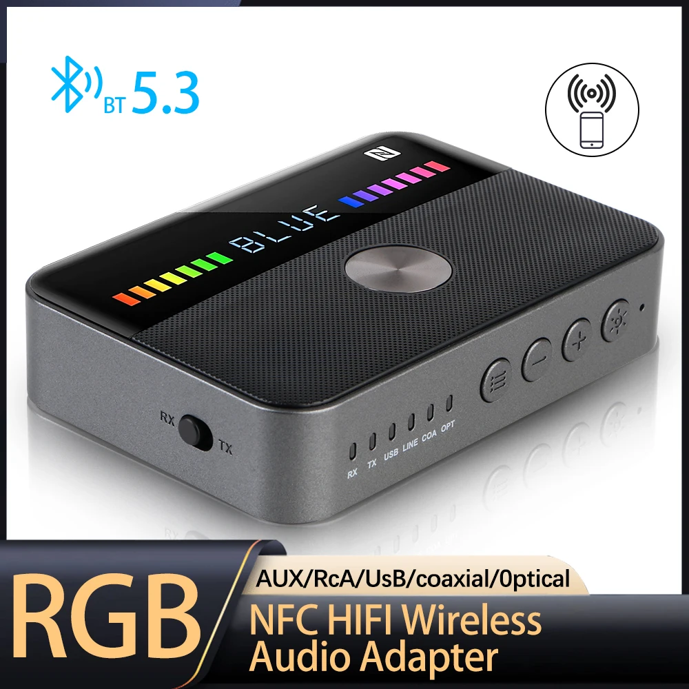 

Audio Receiver Transmitter RGB Colorful Light Wireless Adapter Bluetooth 5.3 NFC 3.5MM AUX RCA Coaxial Optical USB DAC Converter