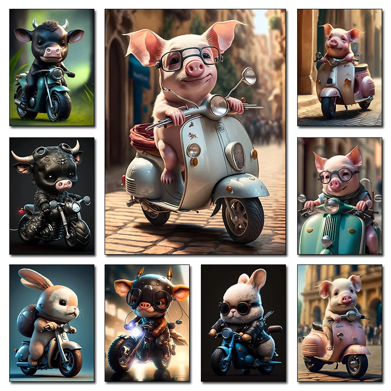 Cute Funny Animals Riding Motorcycle Poster Piglet Animal Lovers Prints Scooter Canvas Painting Wall Art Picture Home Room Decor