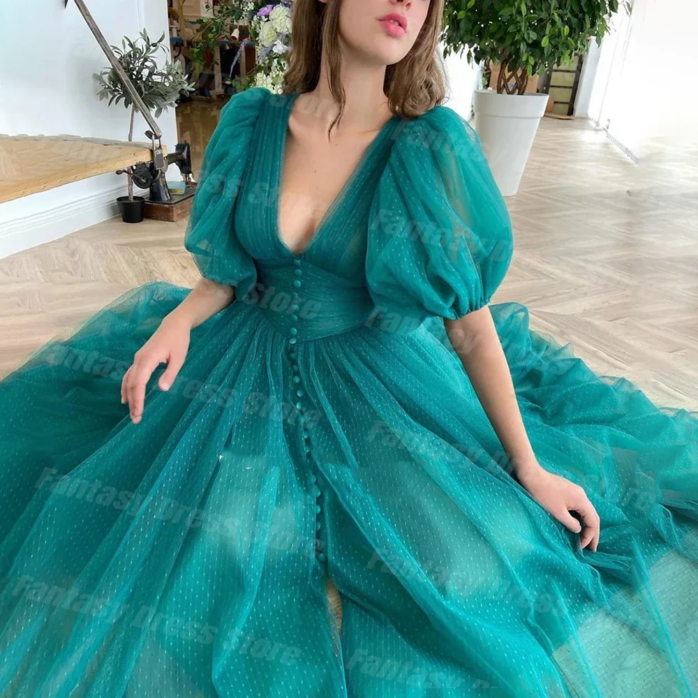 Elegant dark green 2023 Tulle V-neck Prom Dresses Bubble Short Sleeve A-line Open Back Formal Evening Dresses vestidos de noche