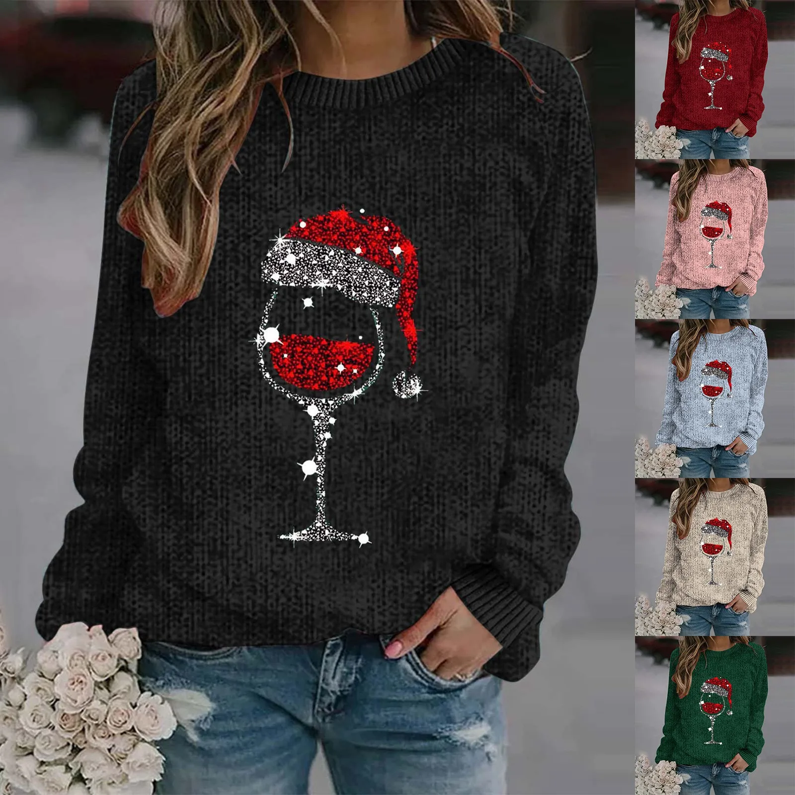 Christmas Sweater Red Wine Glass Print Jumper Women\'s Autumn And Winter Round Neck Long Sleeve Fashion Casual Sweater For Women