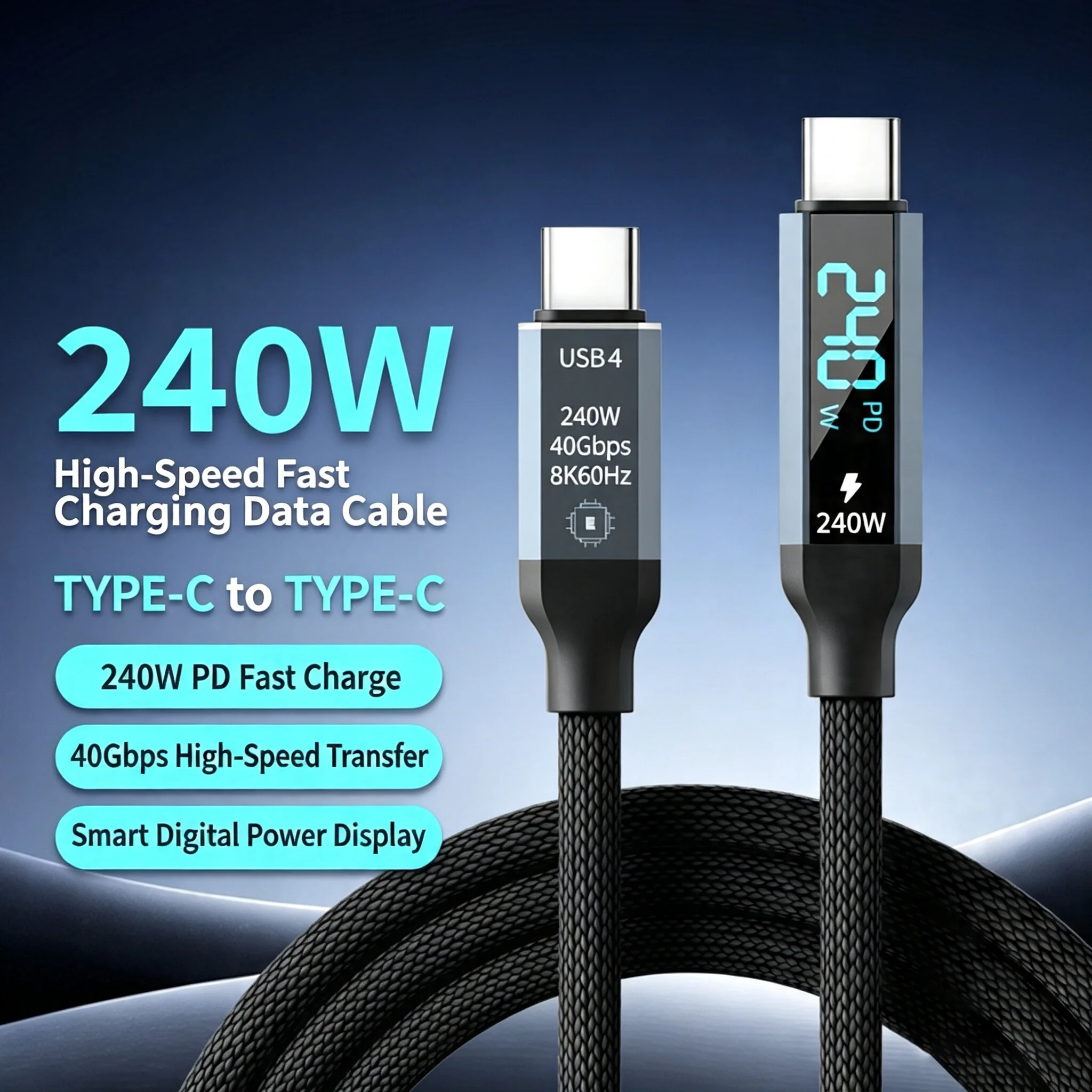 Braided USB-C to USB-C Cable Real-Time Power Display 240W PD Fast Charging 40Gbps File Transfer 8K@60Hz Cable for Thunderbolt4