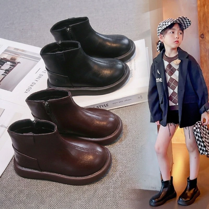 Toddler Girls Ankle Boots Smooth Leather Upper Side Zipper Closure Non‑Slip Thick Sole Casual Short Boots For Autumn Daily Wear