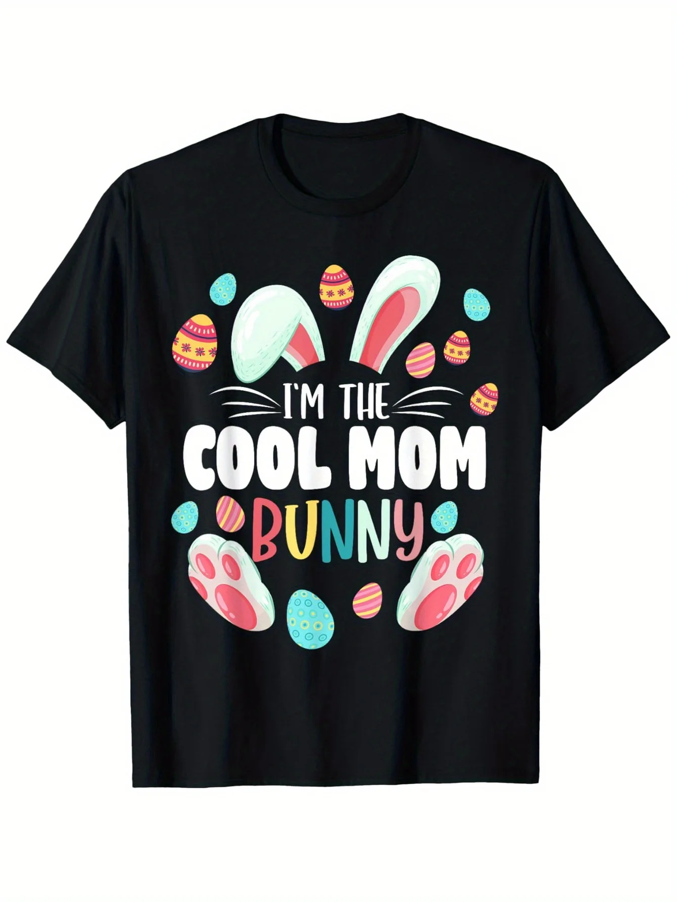 

I Am Cool Mom Rabbit Easter-Themed Family T-Shirts 100% Cotton Crew Neck Short-Sleeve T-Shirts with Colorful Easter Eggs and Bunny Designs, Perfect for Easter Parties, Halloween, Thanksgiving