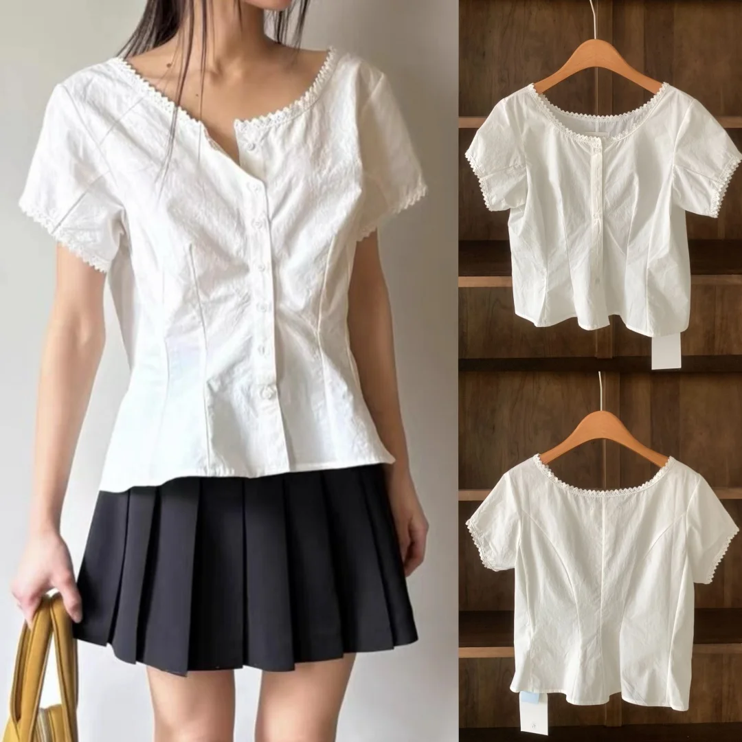 

Sweet Lace Trim ort Sve irt Smoothood Summer 2025 New Arrival Waist-Cinching Top Women's Faion Loose Fit round Ne